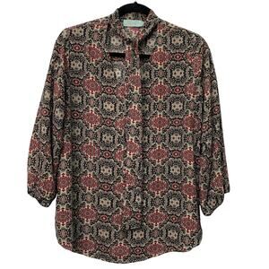 Veronica M Womens Large Tie Front Secretary Twee Red Black Blouse Shirt Long Slv